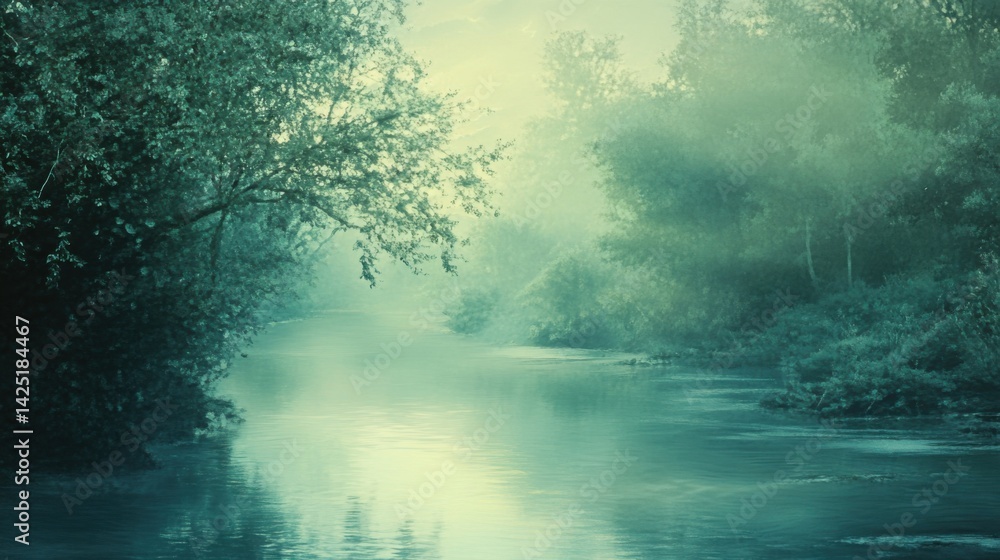 River Flowing Through Forest With Mist River Flowing Through Forest With Mist