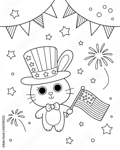 Kitten Wearing Uncle Sam Hat with American Flag and Fireworks for Fourth of July Coloring Page