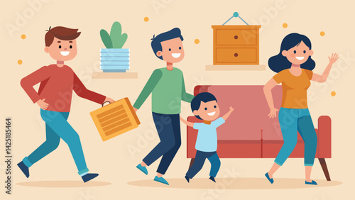 A family eagerly made their way to the furniture section of the sale hoping to find a special piece to refurbish and make their own.. Vector illustration