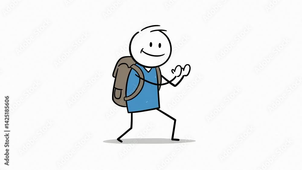 Happy Stick Figure Backpacker Walking, Simple Line Art Illustration Happy Stick Figure Backpacker Walking, Simple Line Art Illustration