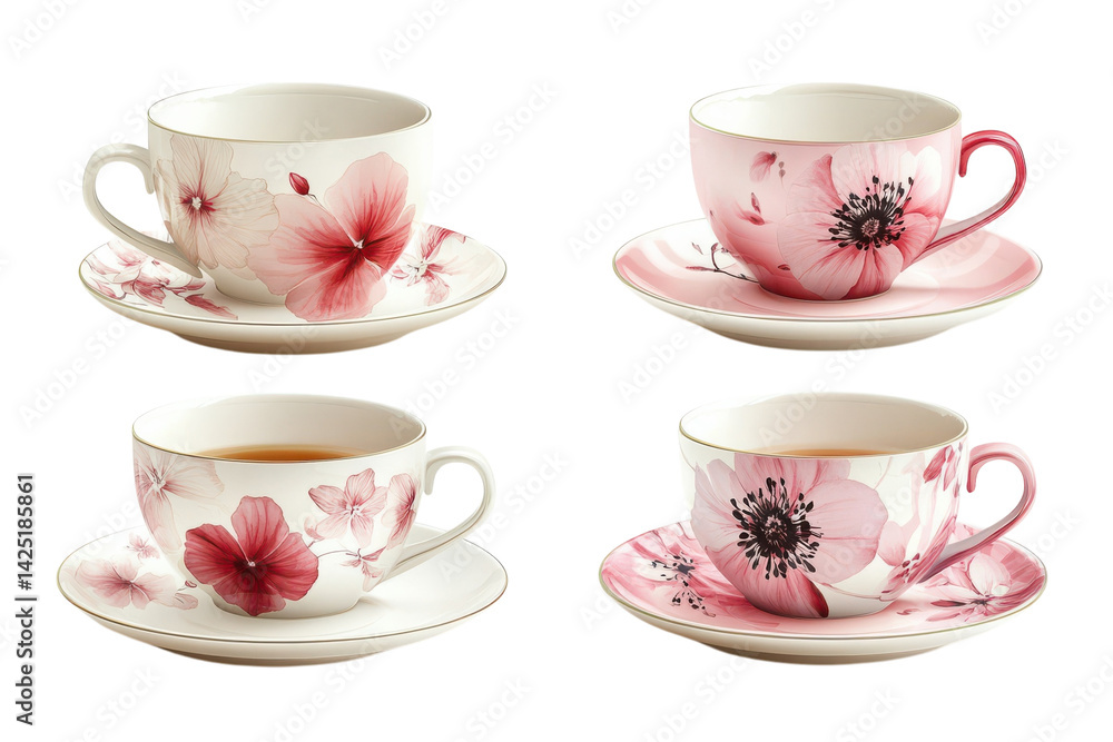 Elegant floral teacups and saucers set showcasing delicate pink and red blossoms on fine porcelain perfect for afternoon tea or a special on transparent background Elegant floral teacups and saucers set showcasing delicate pink and red blossoms on fine porcelain perfect for afternoon tea or a special on transparent background