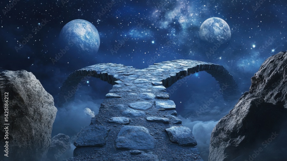 Fototapeta premium Stone Path Splitting Into Two Bridges Under a Starry Night Sky