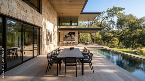 Modern patio with pool, overlooking trees