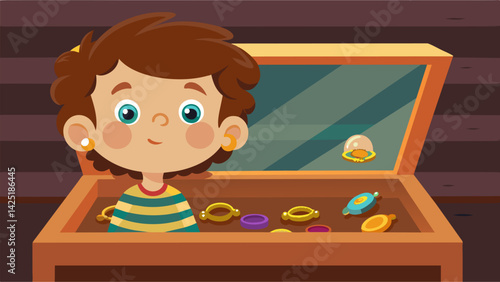 A curious child peeks into a display case of antique rings and bracelets amazed by the intricate designs and histories each piece holds.. Vector illustration