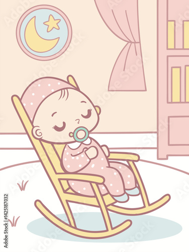 Cute Sleeping Baby in Pink Onesie with Pacifier Rocking in a Chair, Cartoon Illustration, Nursery Decor