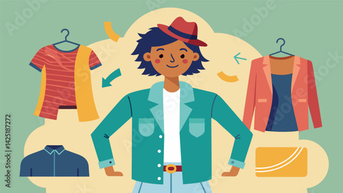 A DIYsavvy thrift store fashion blogger repurposing old and wornout clothes into stylish and fashionable pieces challenging the stigma of used. Vector illustration