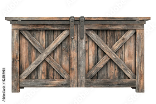 Rustic wooden barn sliding door with metal hardware isolated on Transparent Background