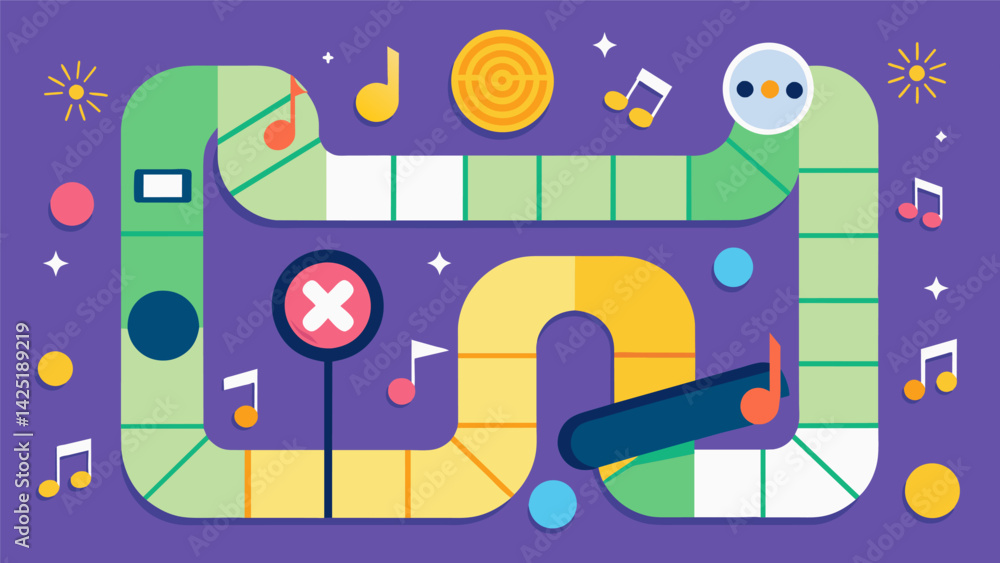A musicthemed game board design with each track represented as a space for users to land on and checkboxes to mark off. Vector illustration A musicthemed game board design with each track represented as a space for users to land on and checkboxes to mark off. Vector illustration