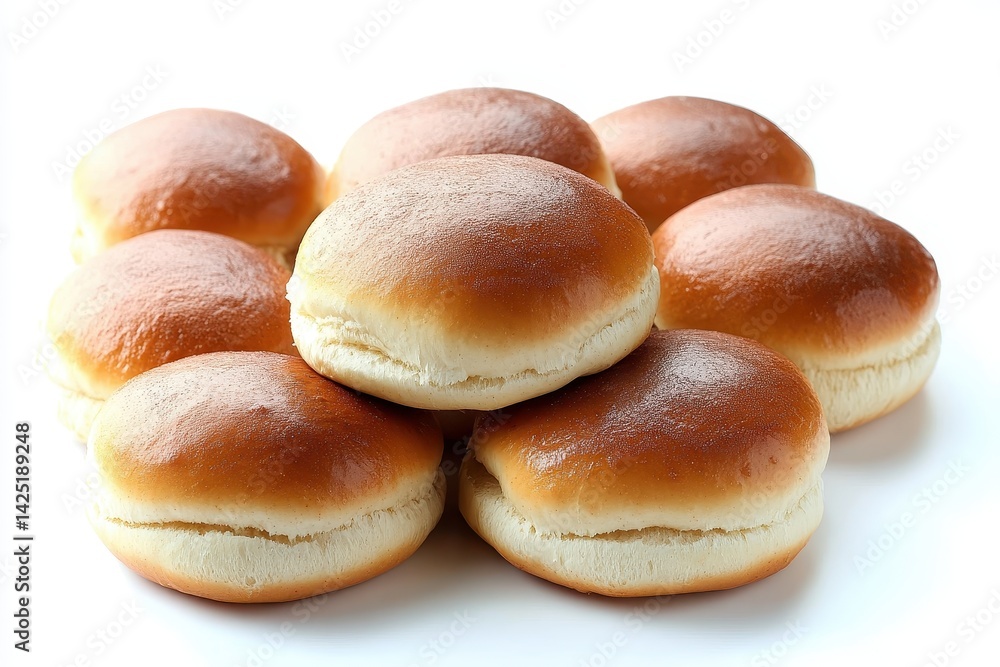 Pile of fresh, golden brown burger buns on a clean white background. Ideal for illustrating recipes, restaurants, or fast food concepts. Pile of fresh, golden brown burger buns on a clean white background. Ideal for illustrating recipes, restaurants, or fast food concepts.