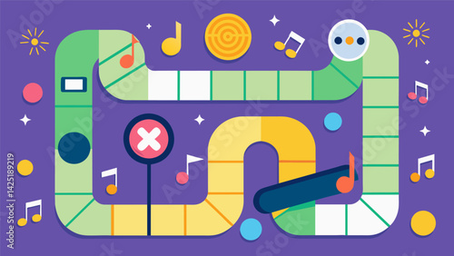 A musicthemed game board design with each track represented as a space for users to land on and checkboxes to mark off. Vector illustration