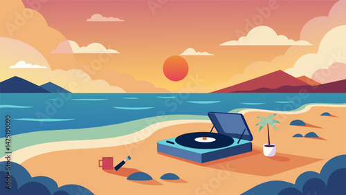 A secluded beach provides the perfect setting for a romantic evening with a portable record player set up on the sand casting soft music out into the Vector illustration