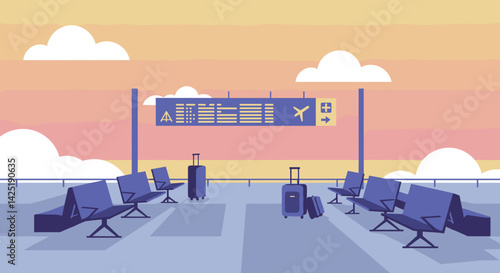 Airport terminal seating with luggage under a colorful sky  