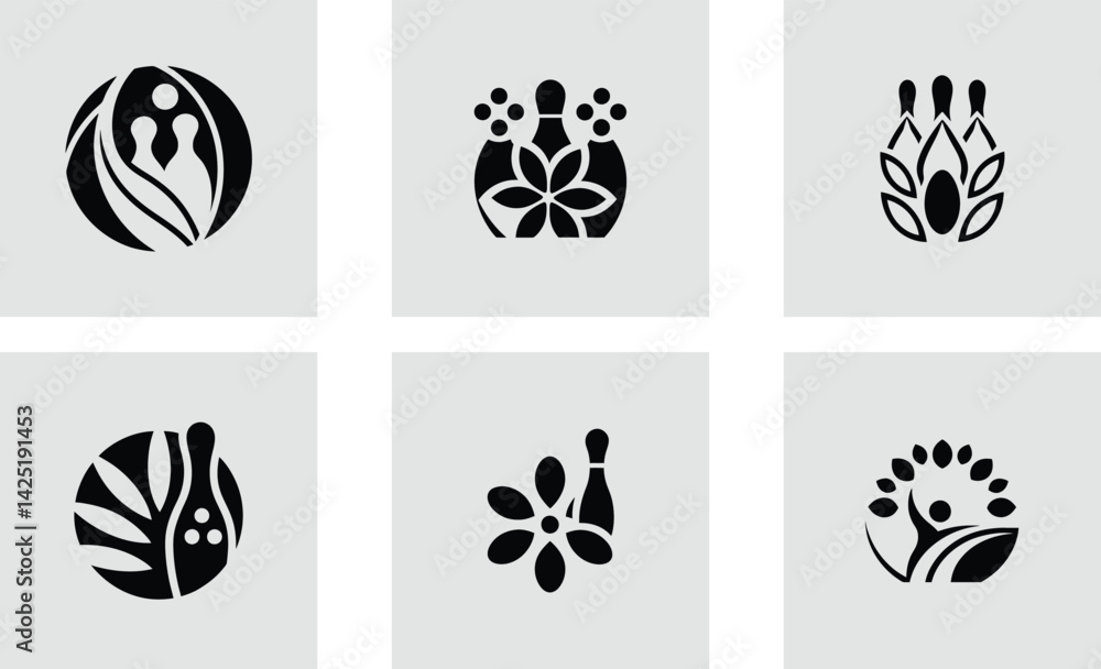 Man player bowling logo with floral decoration logo stylish vector art set design Man player bowling logo with floral decoration logo stylish vector art set design