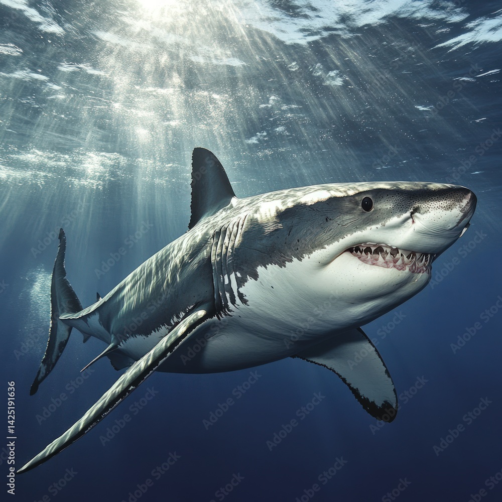 Fototapeta premium Powerful great white shark in ocean depths. Sunlight beams through water