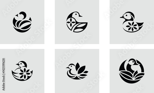 Mandarin duck logo with floral decoration logo stylish vector art set design