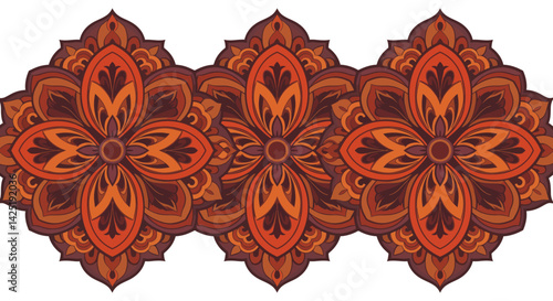Three autumnal blossoms interlock in a warm mosaic of intricate patterns