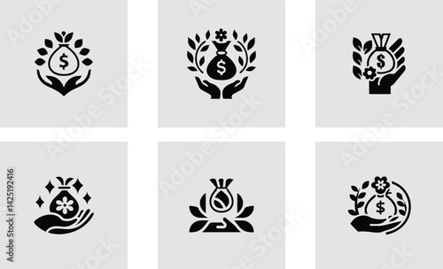 Money bag on a hand logo with floral decoration logotype vector art set design