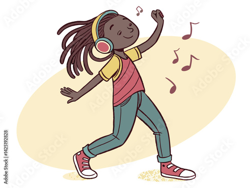 Cartoon Illustration of a Black Child Dancing Joyfully While Listening to Music with Headphones and Musical Notes