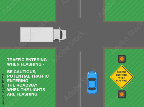 Safe driving tips and traffic regulation rules. Traffic entering when flashing. Top view of a truck approaching the intersection on minor road. Flat vector illustration template.