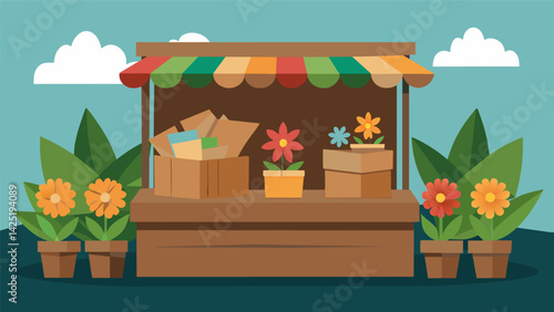 A booth adorned with upcycled wooden crates and handmade paper flowers offering ecofriendly gift wrapping services to conscious consumers.. Vector illustration