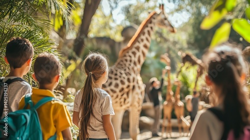 Students Enjoying Educational School Trip to Zoo Watching Giraffe