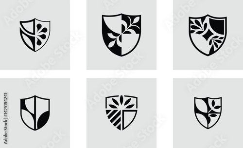 Shield logo with floral decoration logotype stylish vector art set design