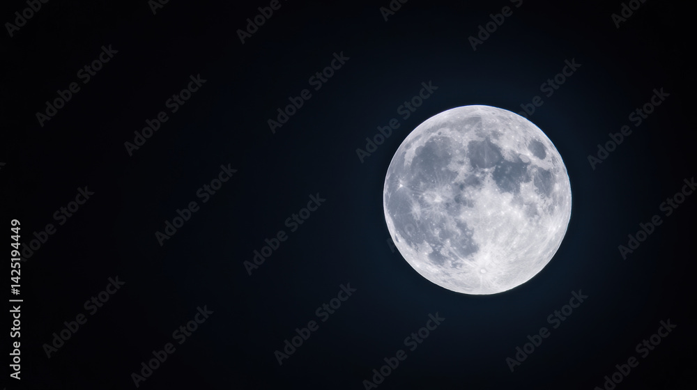 Obraz premium night shot of full moon in incredible detail against dark sky, showcasing its craters and surface features. serene and captivating view highlights moon beauty