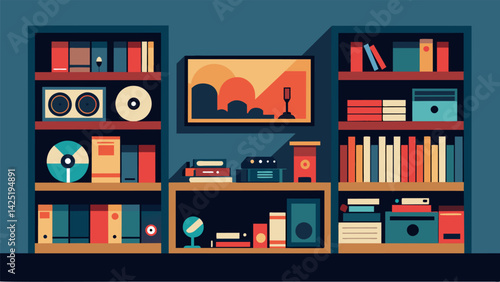 A collectors den is lined with shelves of records meticulously organized by decade genre and of course sleeve design. Vector illustration