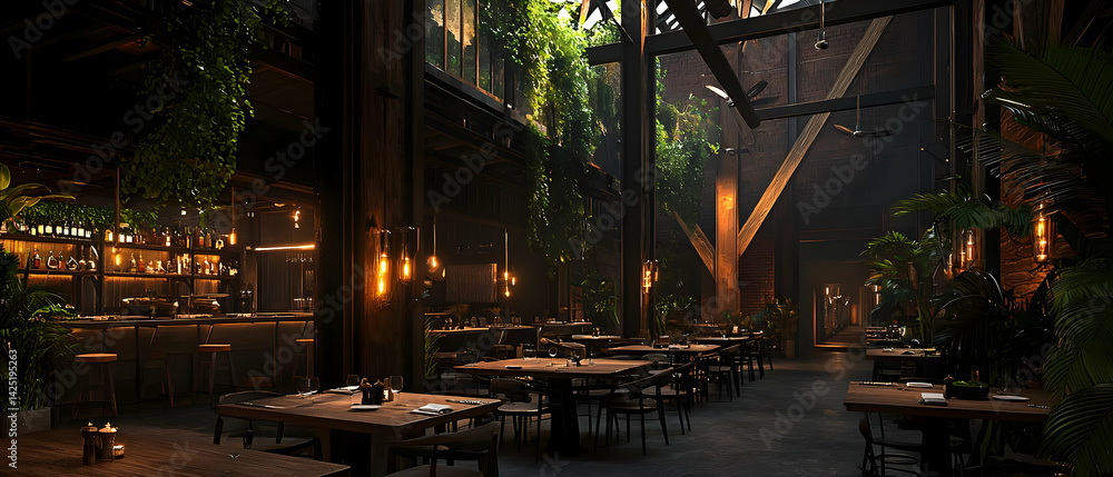 Naklejka premium Rustic, Urban Eatery with Lush Greenery