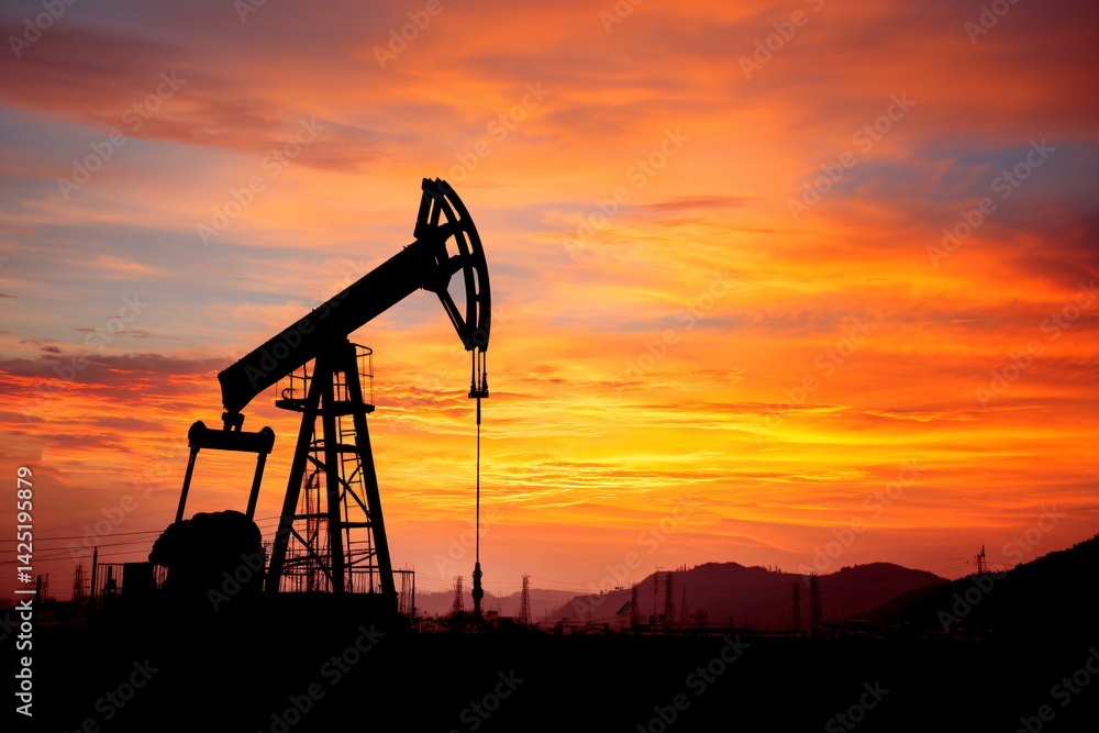 Silhouette of pump jack operating at sunset with vibrant sky. Drilling concept for oil production, energy business. Petroleum industry investment background. Silhouette of pump jack operating at sunset with vibrant sky. Drilling concept for oil production, energy business. Petroleum industry investment background.