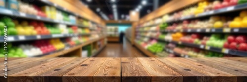 Clean wooden tabletop, out-of-focus grocery store, light, texture