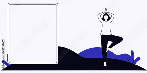 Yoga Outdoors Vector, Tree Pose Wellness Illustration, Calm Fitness Scene, Mindful Exercise in Nature, Flat Yoga Practice Design