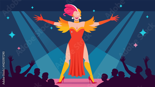 A drag queen performing on stage blending elements of masculinity and femininity to challenge societal norms and embrace fluidity..
