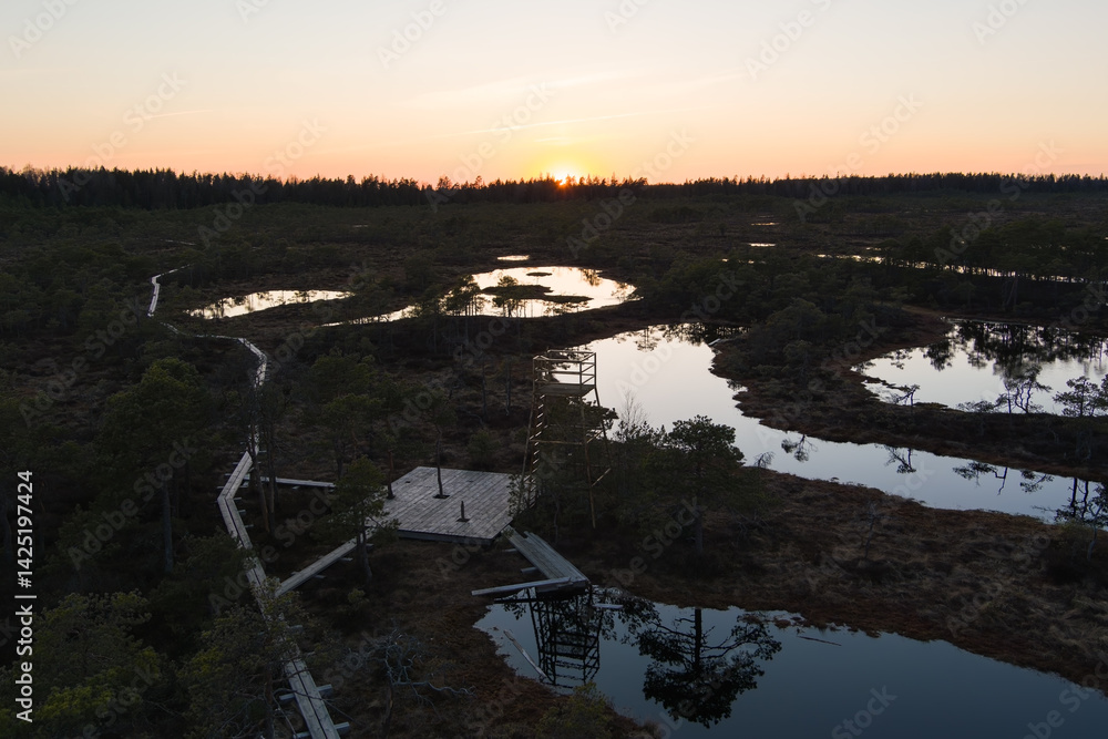 Obraz premium Estonian wilderness at twilight: aerial shot of Seli bog with boardwalk, viewing tower, and water reflections.