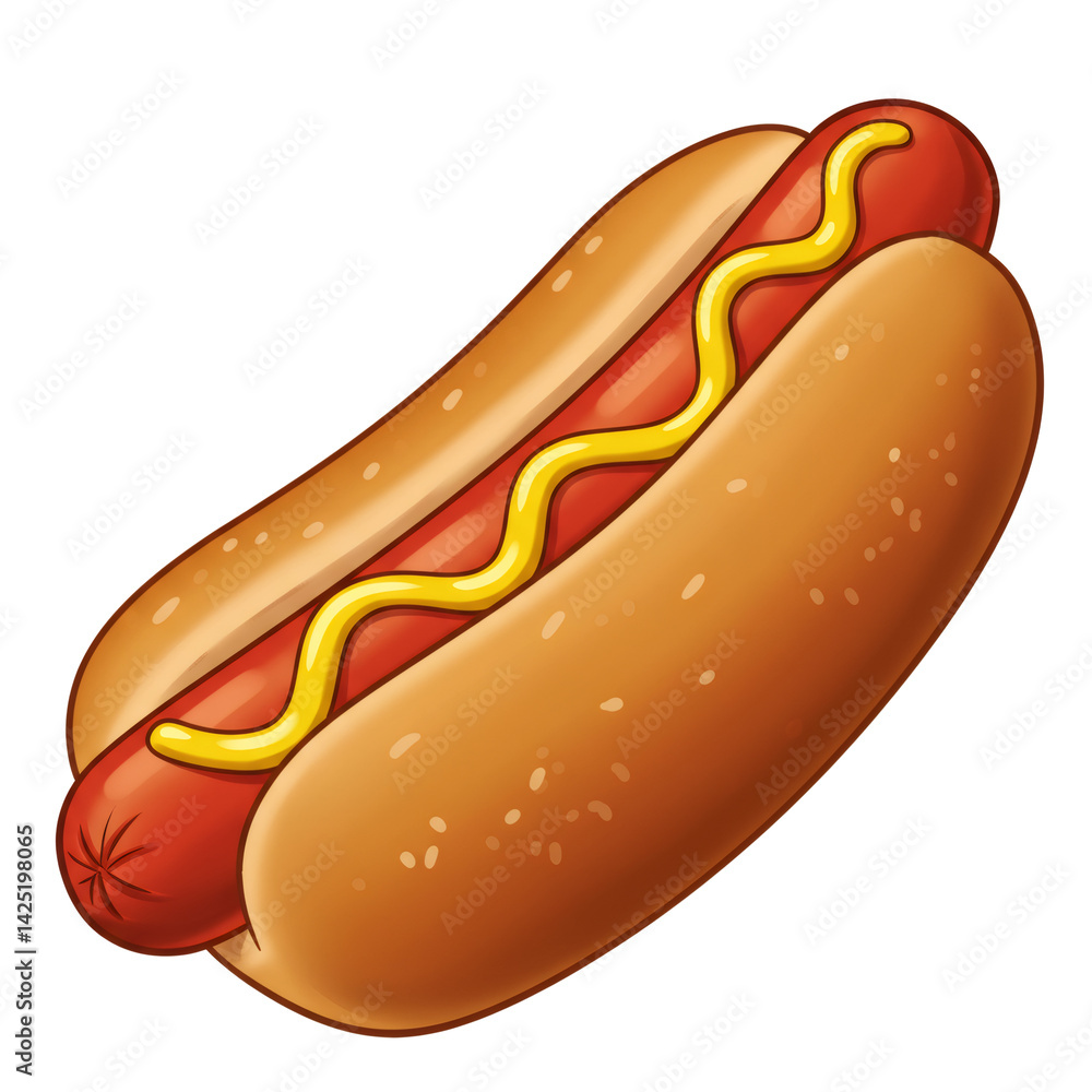 熟したホットドッグパンにマスタードを添えてのせた鮮やかな赤色のソーセージ料理のイラスト 熟したホットドッグパンにマスタードを添えてのせた鮮やかな赤色のソーセージ料理のイラスト