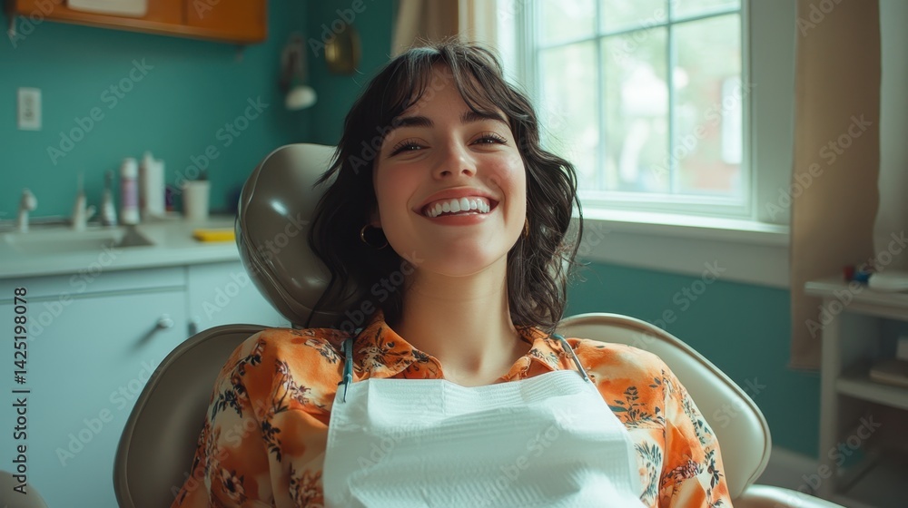 Smiling woman sits in a dental chair wearing a floral blouse and bib. Use this image for oral health, beauty, or general medical concepts.
