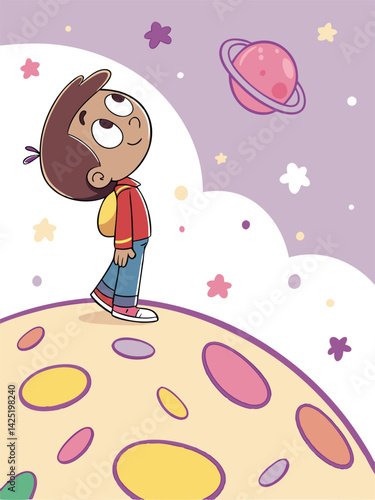 Cartoon Boy Gazing at Pink Planet in Space Illustration, Cute Child on Colorful Moon, Dreamy Scene, Kids Book Art
