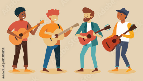 A group of musicians discussing and debating the merits of different secondhand guitars each holding their own choice instrument.. Vector illustration
