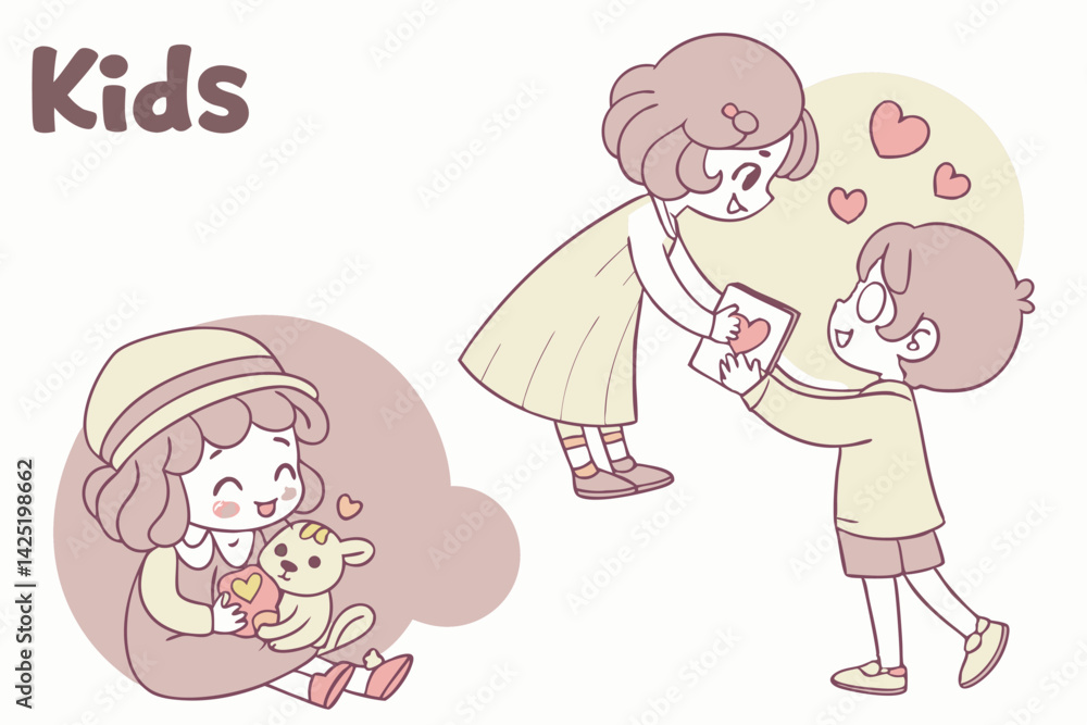 Cute Cartoon Kids Sharing Love: Illustration of Children with Hearts, Gifts, and Teddy Bear in Pastel Style Cute Cartoon Kids Sharing Love: Illustration of Children with Hearts, Gifts, and Teddy Bear in Pastel Style