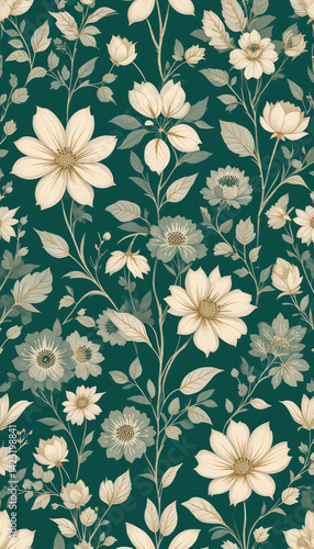 Wallpaper Mural Elegant cream flowers bloom softly against a deep teal background creating a calming floral pattern. AI Generated Torontodigital.ca