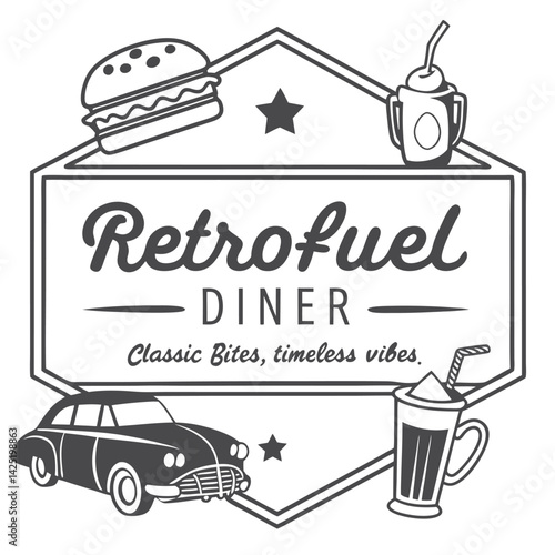 Retrofuel Diner Logo: Classic 1950s Diner Emblem with Burger, Milkshake, Car, and Star Accents. Vintage Food & Drink Design.
