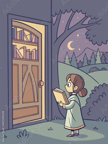 Girl with Book at Lit Doorway to Library Bookshelf Under Night Sky Illustration