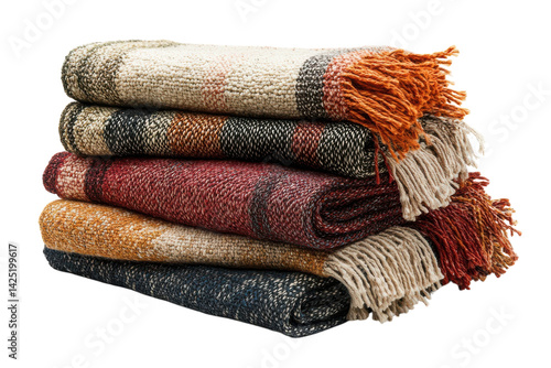 A cozy stack of warm autumnal blankets in rich earth tones perfect for chilly evenings featuring soft textures and fringed edges against a on transparent background