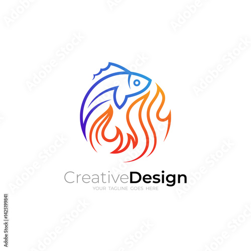 fish logo and burning coals forming a circle, fish dishes