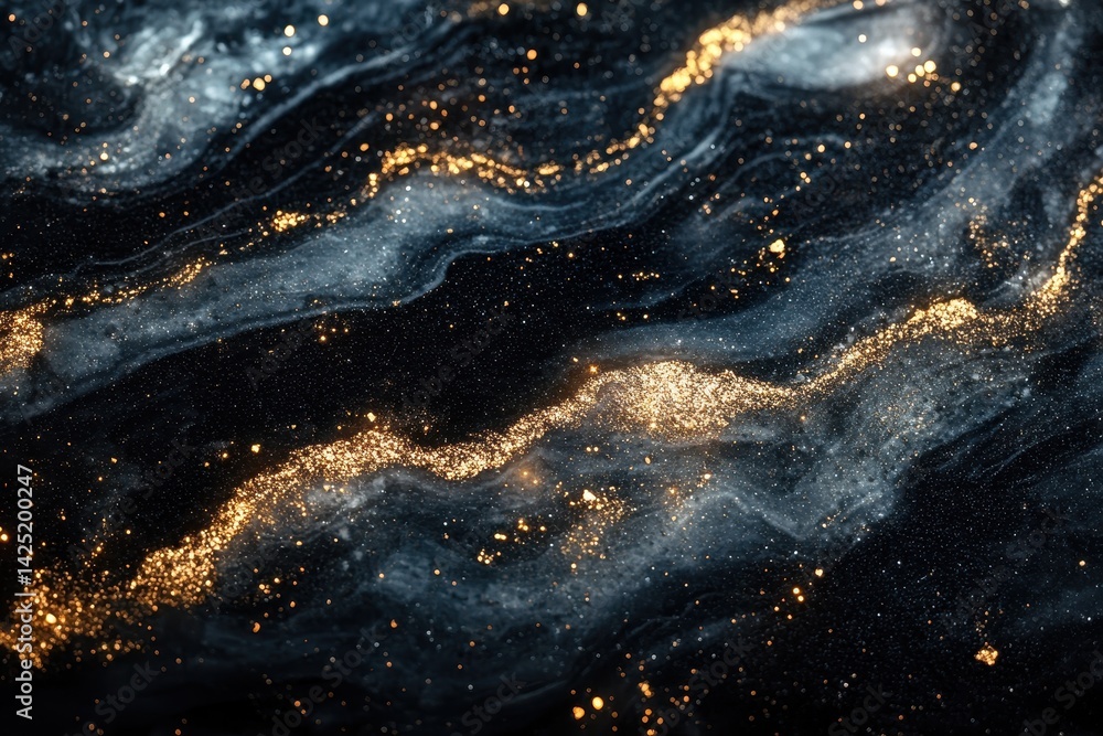 Dark blue with gold glitter veins swirling in an abstract background. Ideal for website headers, social media posts, and print designs. Dark blue with gold glitter veins swirling in an abstract background. Ideal for website headers, social media posts, and print designs.
