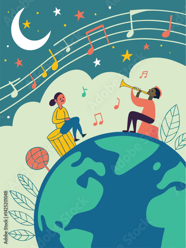 Musical World Harmony Illustration: Cartoon People Playing Instruments on Earth Under Night Sky with Notes