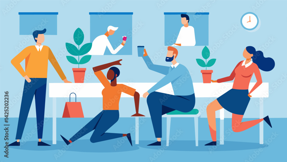 During a long meeting a designated stretch and water break is scheduled to give employees a chance to refresh recharge and refocus for the remainder. Vector illustration During a long meeting a designated stretch and water break is scheduled to give employees a chance to refresh recharge and refocus for the remainder. Vector illustration