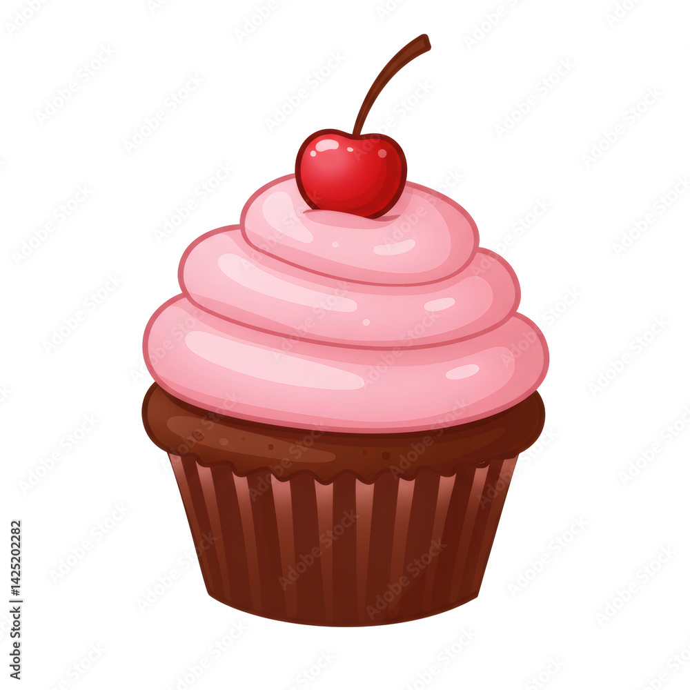 透明背景に赤色のチェリーとピンクのフロスティングが付いた、チョコレート色のカップケーキのイラスト 透明背景に赤色のチェリーとピンクのフロスティングが付いた、チョコレート色のカップケーキのイラスト