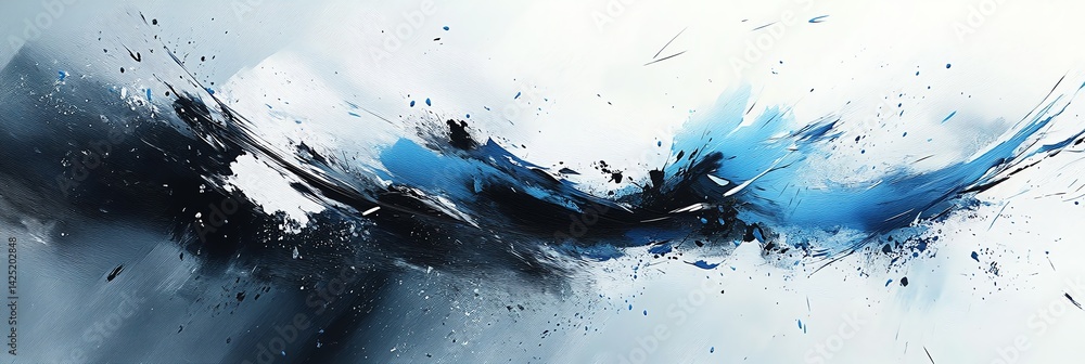 Abstract Painting with Dynamic Blue and Black Brushstrokes on White Background Abstract Painting with Dynamic Blue and Black Brushstrokes on White Background