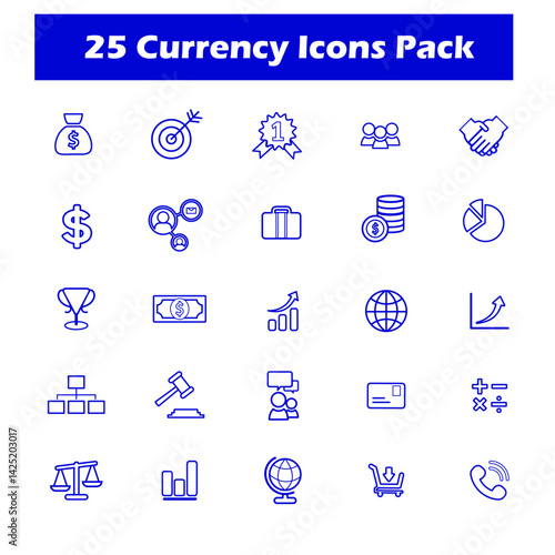 Currency  Icons vector illustration with thin line editable stroke containing banknote, investment, assets, salary, financial network, profit, debt, currency exchange, coins, saving, price, income, fu